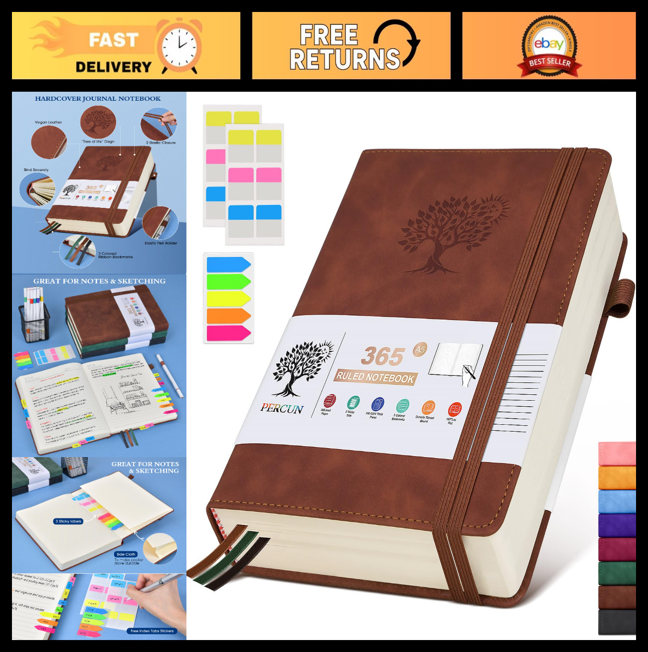 A5 Leather Journal Notebook – 365 Pages, Thick 100GSM, Daily Diary for Travel, W