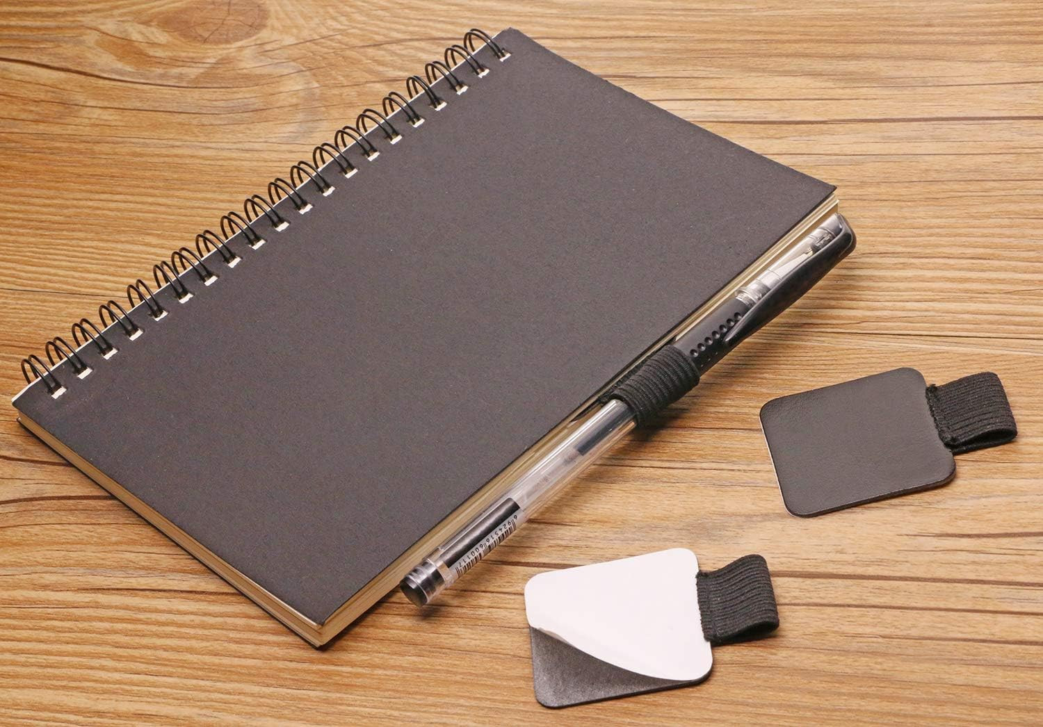 Self-Adhesive Pen Loop Leather Sticker Holder with Elastic Band Black, 2pcs