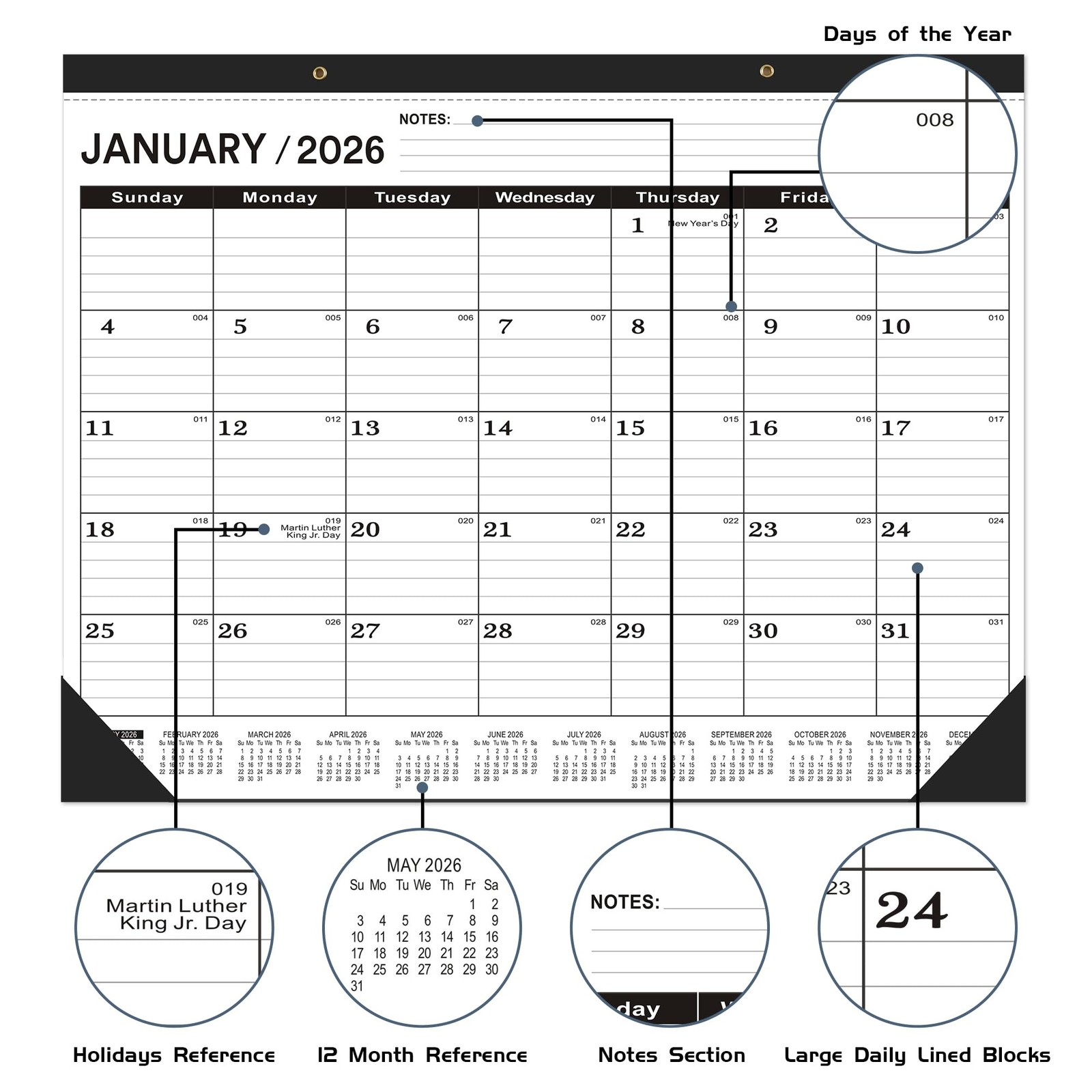 Desk Calendar 2026 Large 22 x17, 2026-2027-JAN-3PCS, Black