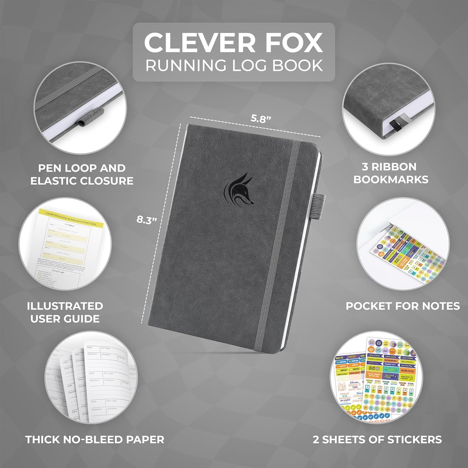 Clever Fox Running Log Book – A5 (5.8'' x 8.3''), Gray