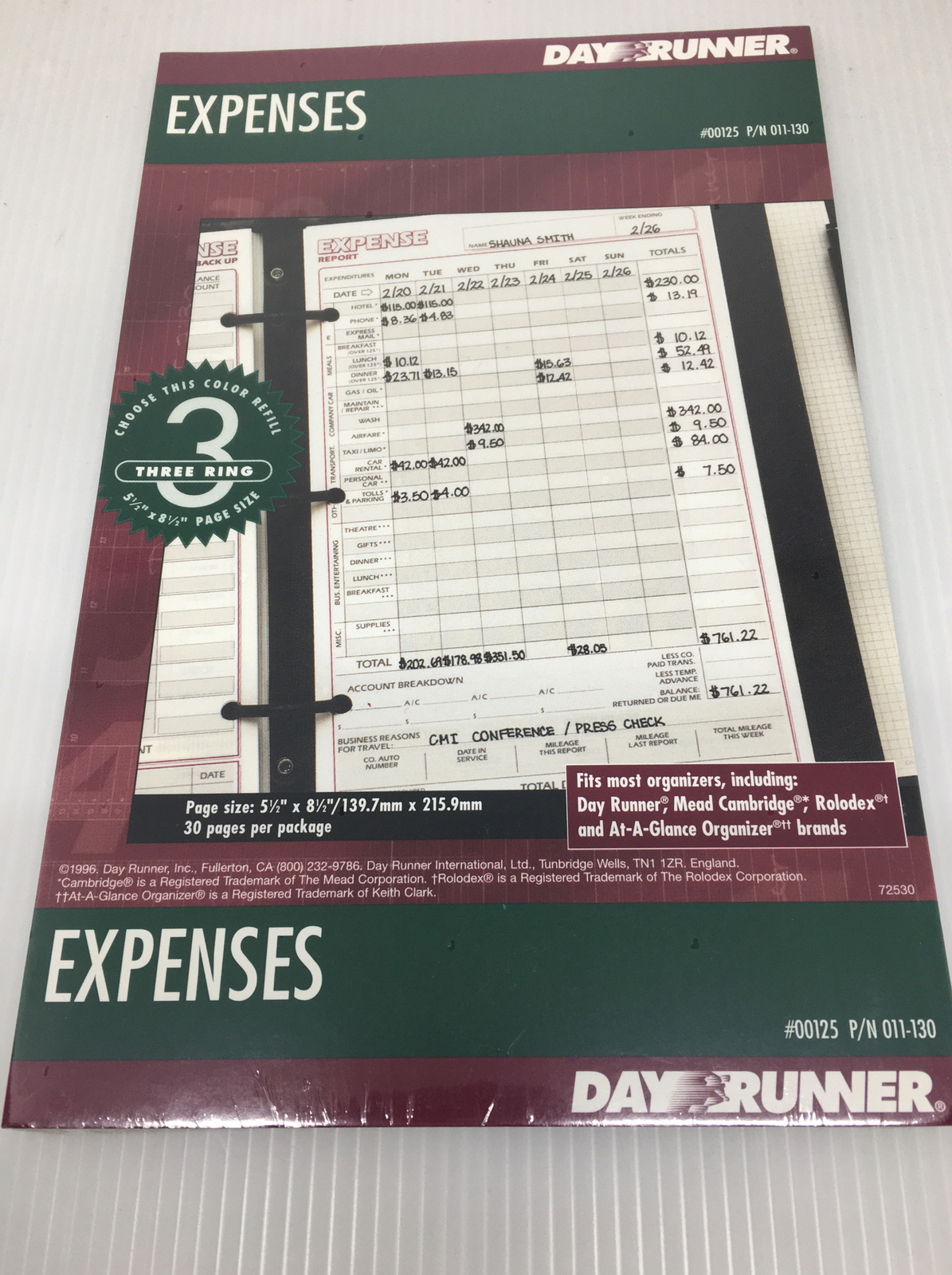 Day Runner Expenses Refill Pages #00125- 5 1/2 x 8 1/2, 30 pages per pack-3 ring