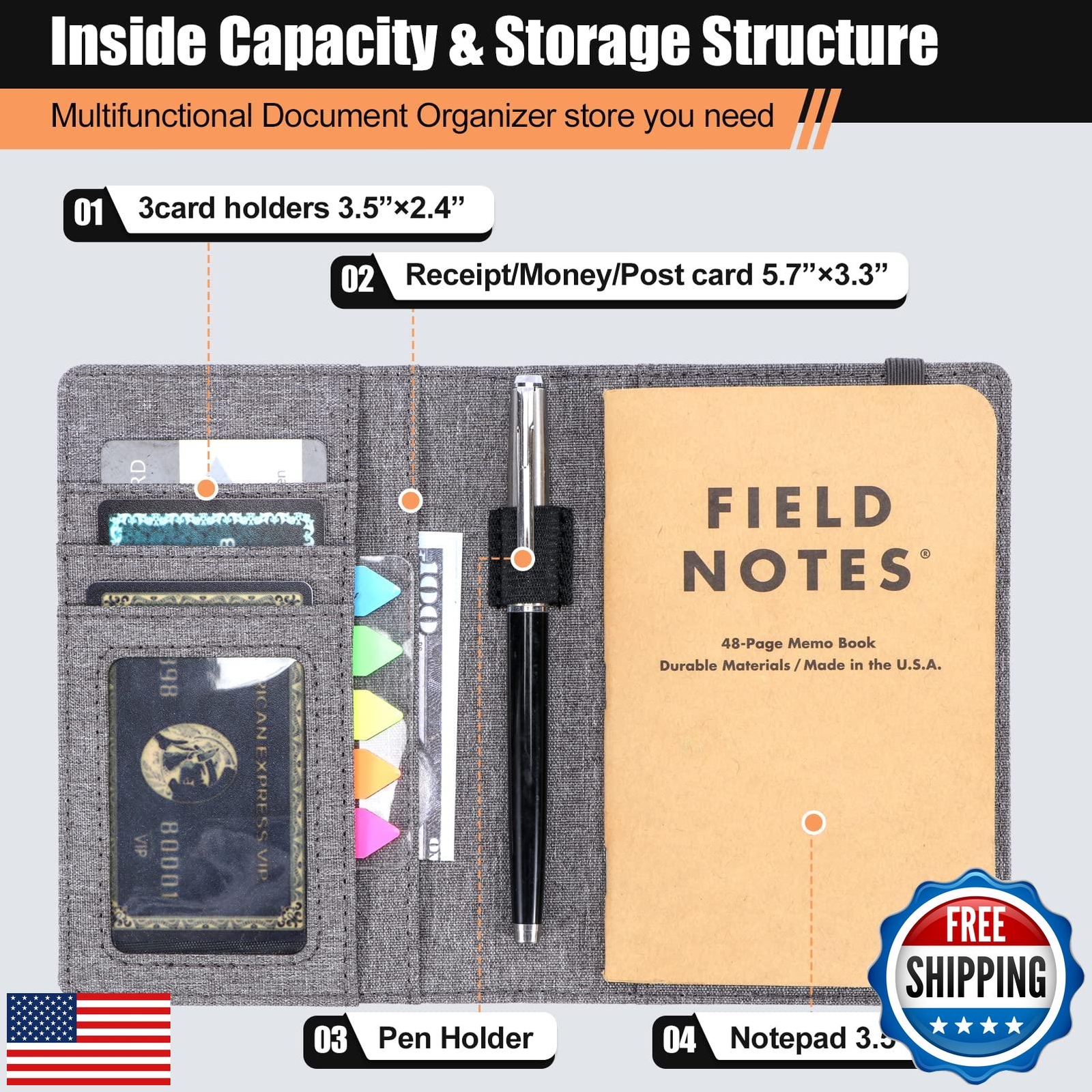 Plinyvel Notebook Cover for Field Notes 3.5″x5.5″ – Waterproof Organizer with