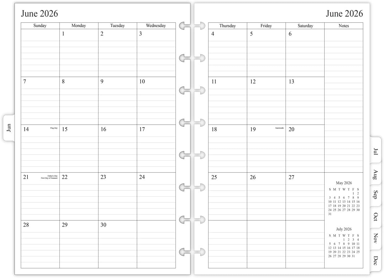 2026-2027 Monthly Planner Refill for 8-Discbound Notebook, Two Pages Per , Ju…