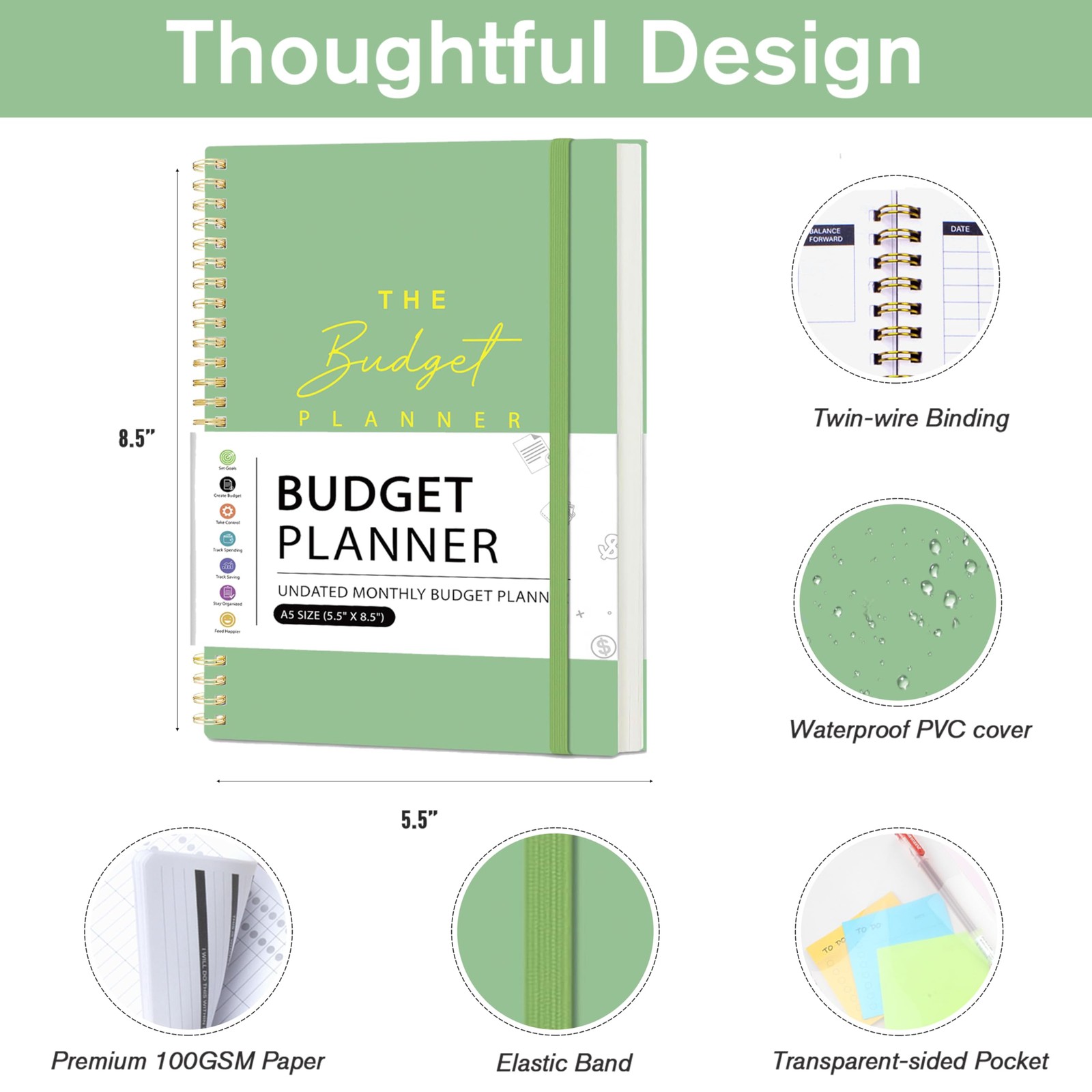 Budget Planner – Monthly Book Undated with 5.5 x 8.5 inches, Green