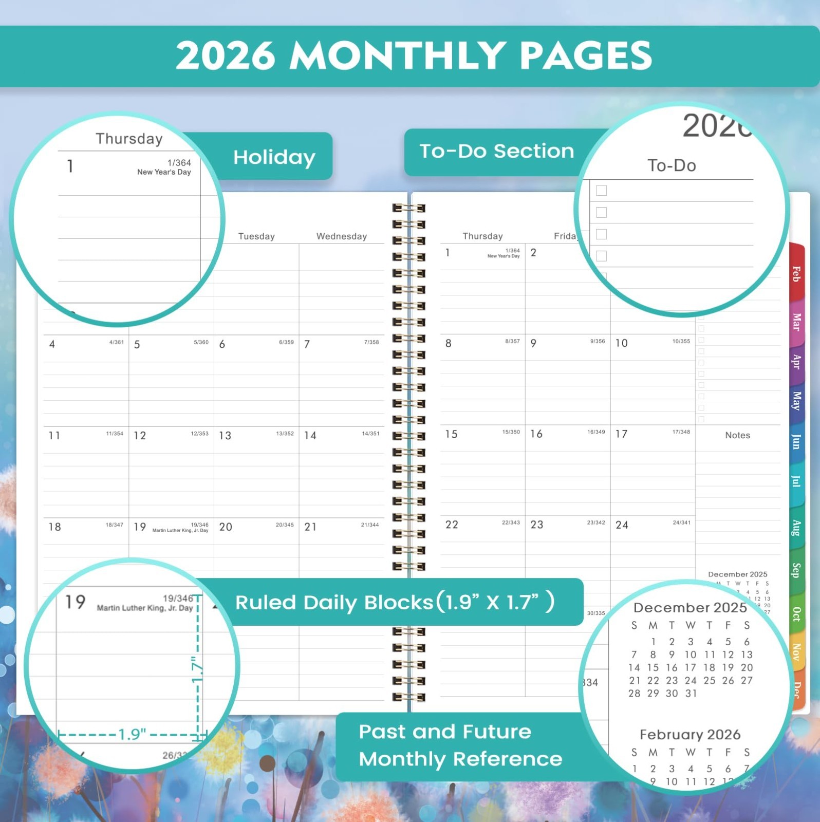 2026 Planner Calendar, Weekly Monthly Layout, Back Pocket, Blue