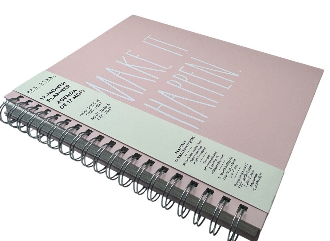 2027 Planner RAE DUNN Spiral Hard Cover 17-Month MAKE IT HAPPEN Pink White LARGE