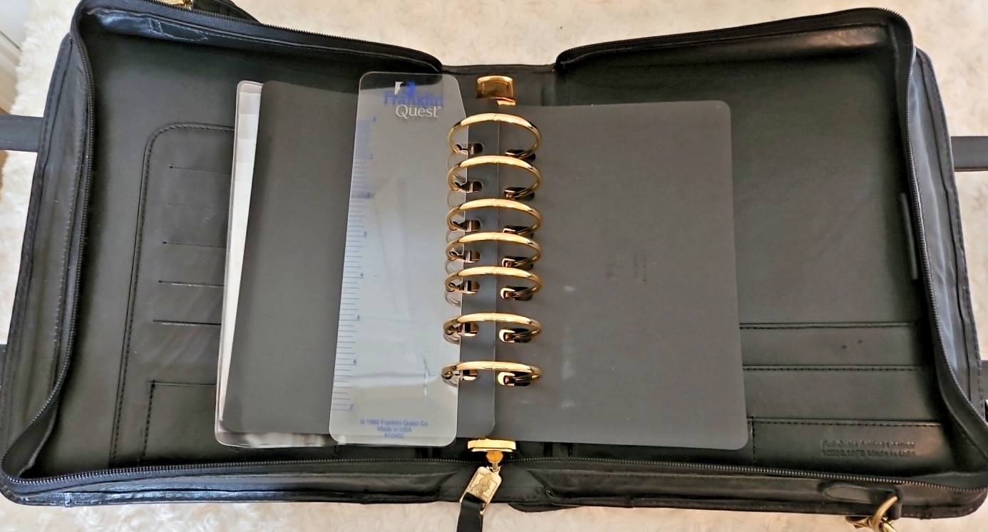 VTG Franklin Quest 11.5″ Black Leather 7-Ring Binder Organizer Handles Straps