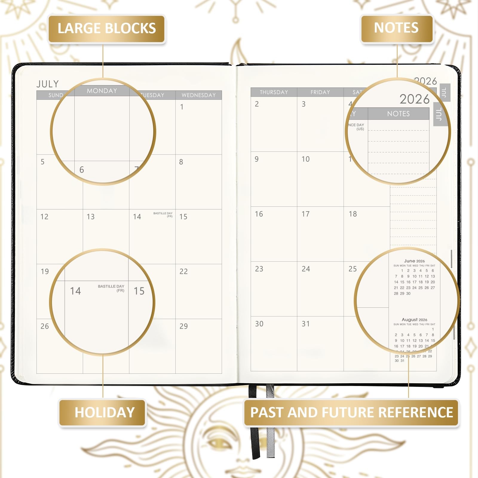 Planner 2026-2027 – Academic 2026-2027, 5.75 x 8.25 inches, Black Sun