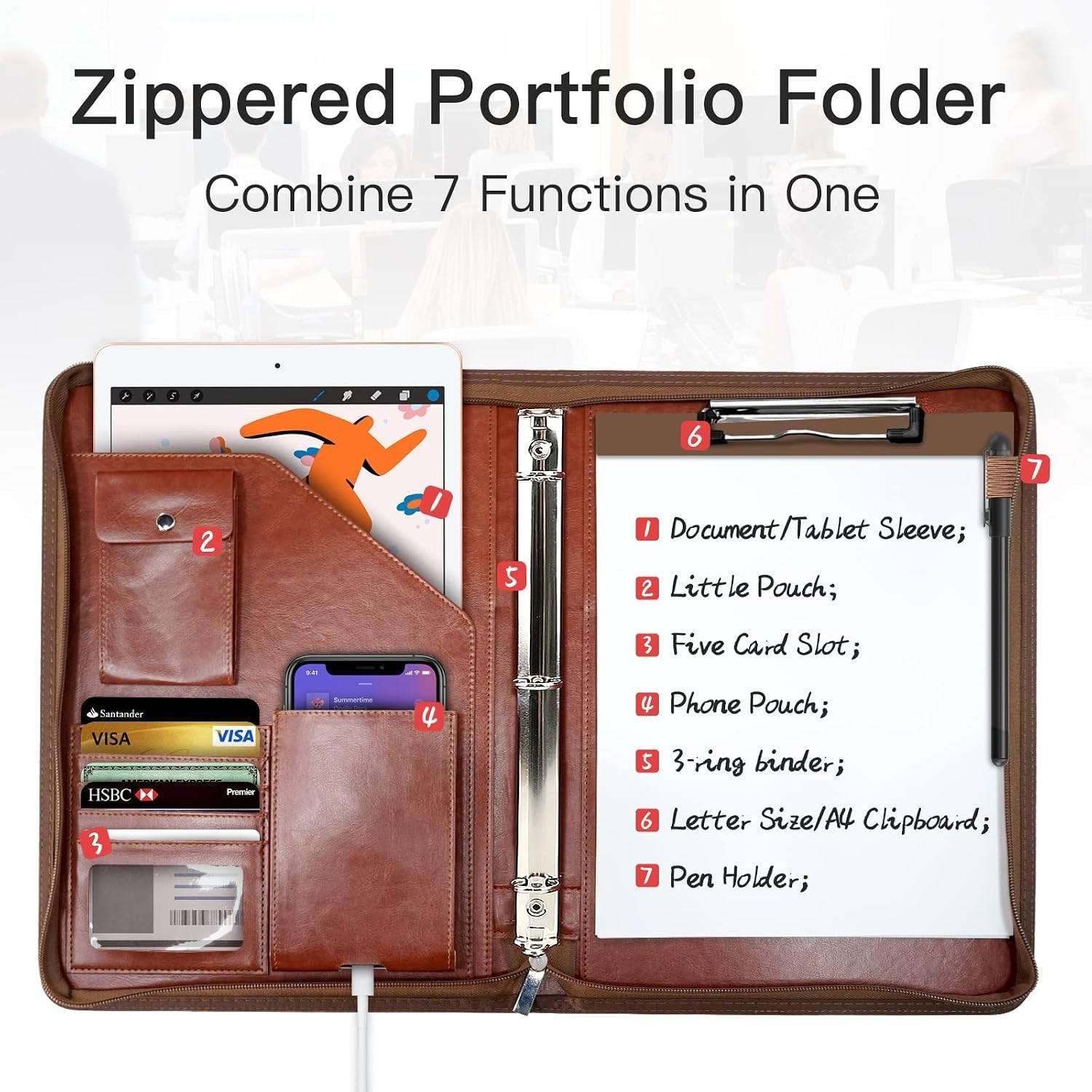 Zippered Portfolio Organizer, Leather Padfolio with 3 Ring Binder, Professional