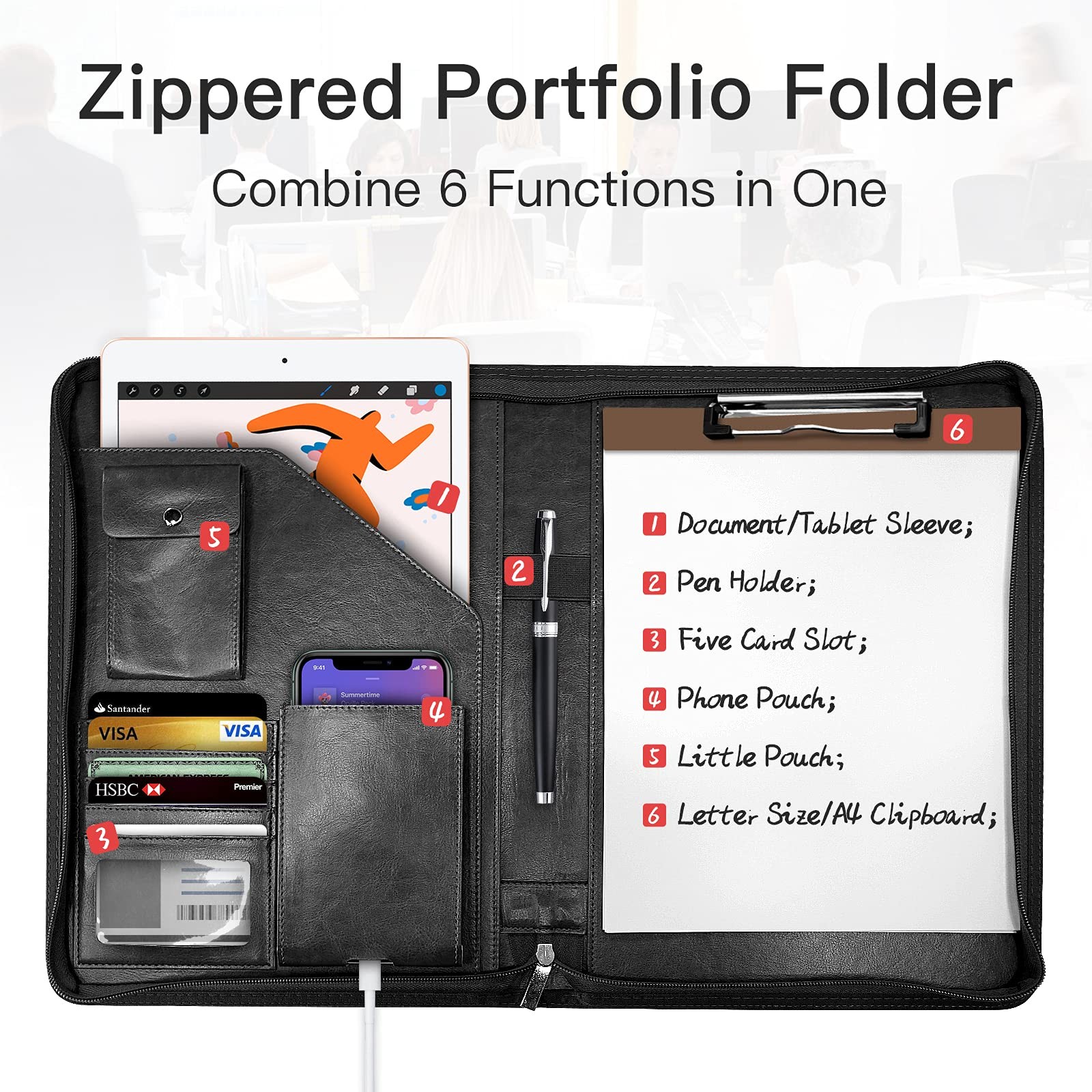 Zippered Padfolio Organizer, Leather Planner Binder, 10.2 Inch Portfolio Fold…