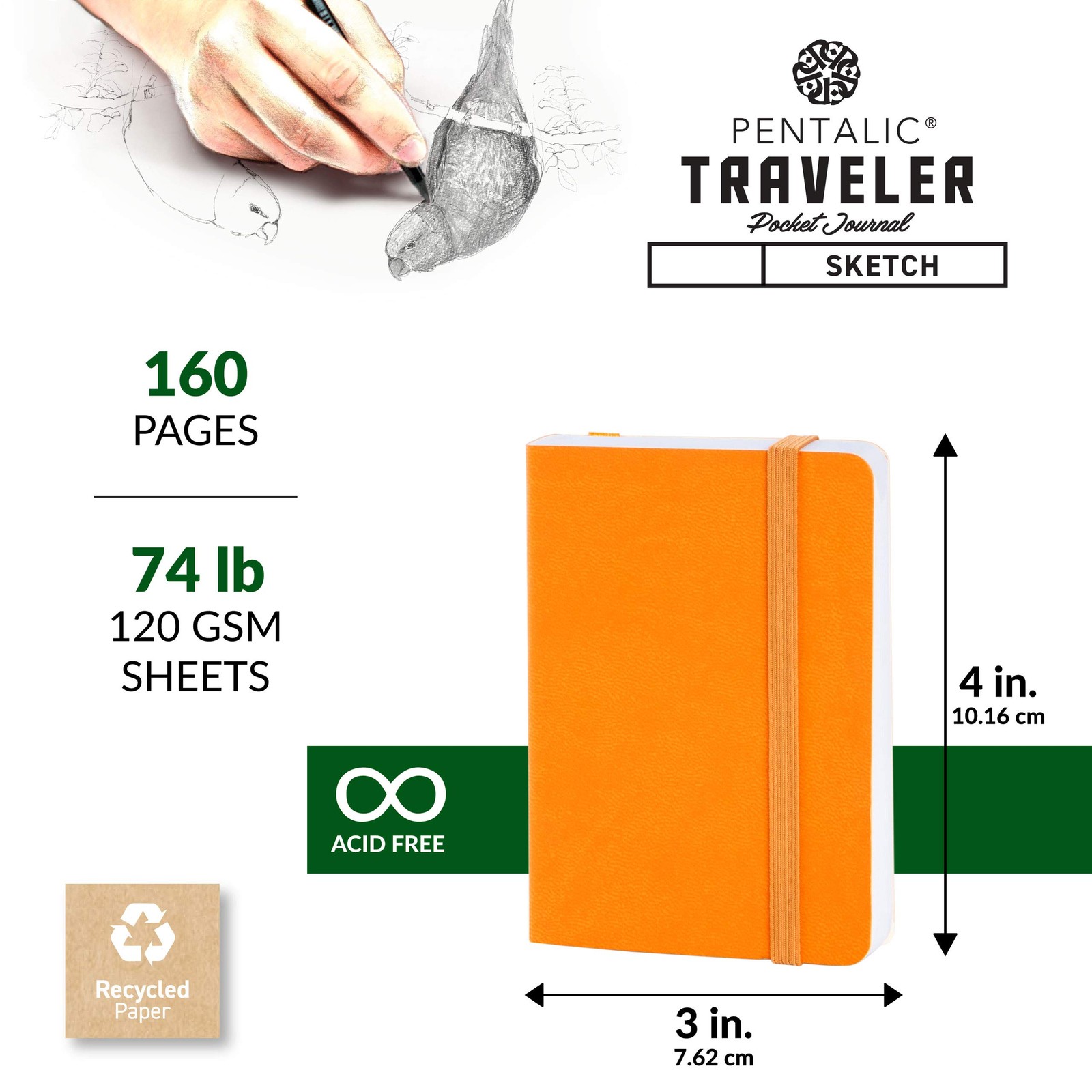 Pentalic 3″ x 4″ Pocket Sketchbook Traveler 3-inch x 4-inch, Orange, Orange
