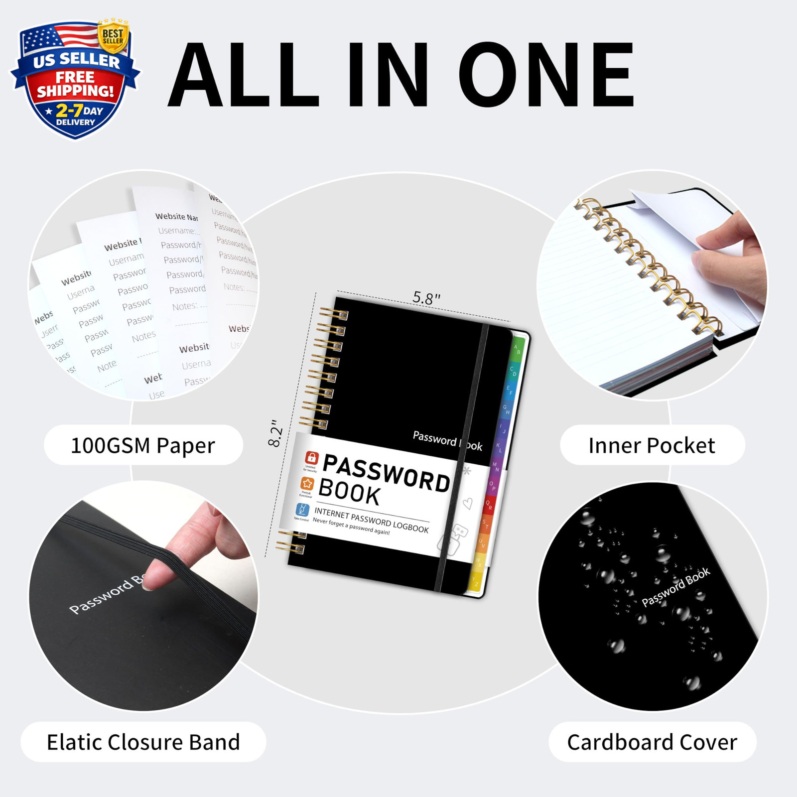 Spiral Password Book with Alphabetical Tabs, 5.8″ X 8.2″ Password Keeper Book