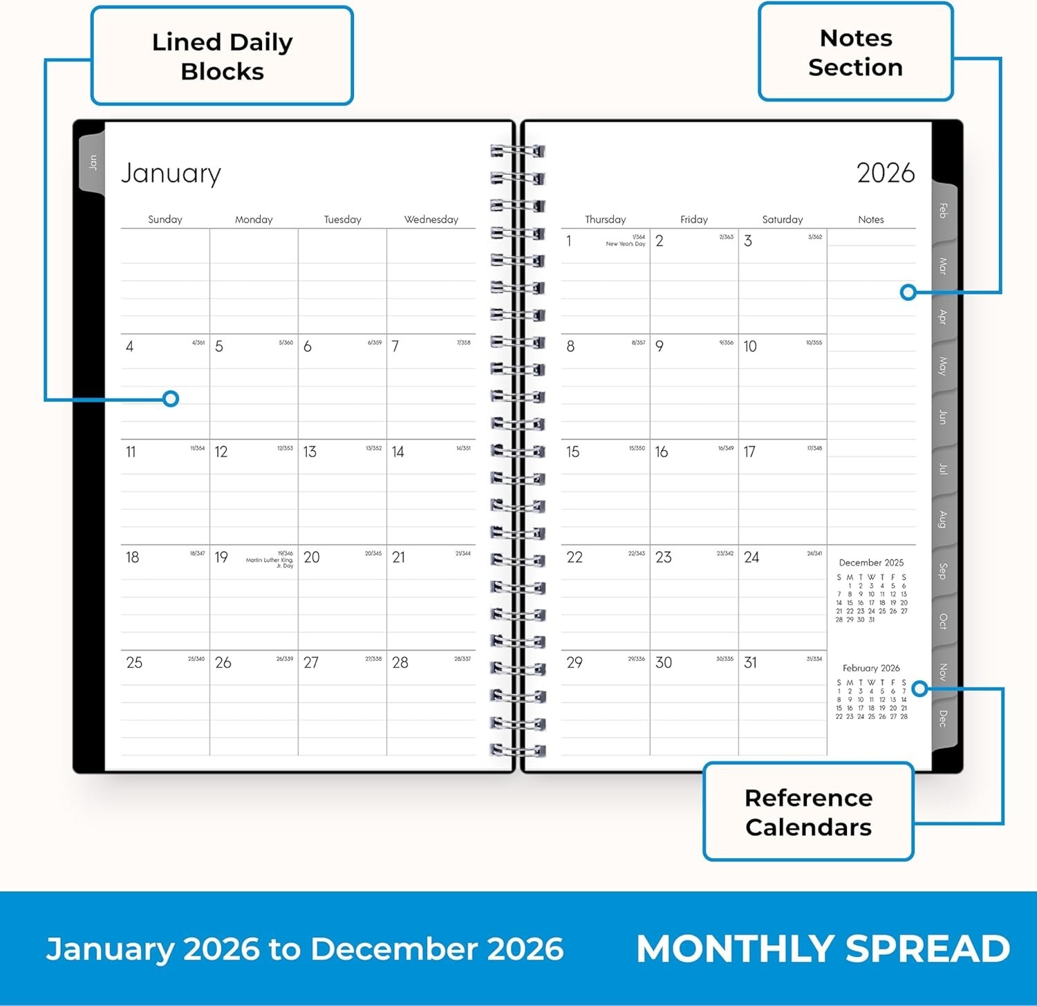 2026 Wirebound Planner – Monthly/Weekly Layouts, Flexible Cover, 5″ x 8″