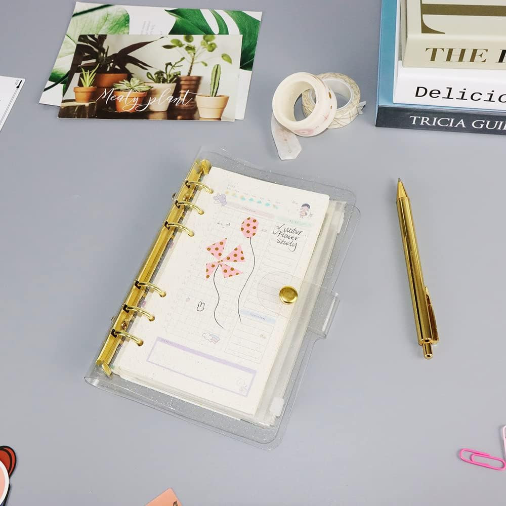 A6 6-Ring Glitter PVC Binder Planner Cover Gold Rings Loose Leaf Notebook Bin…