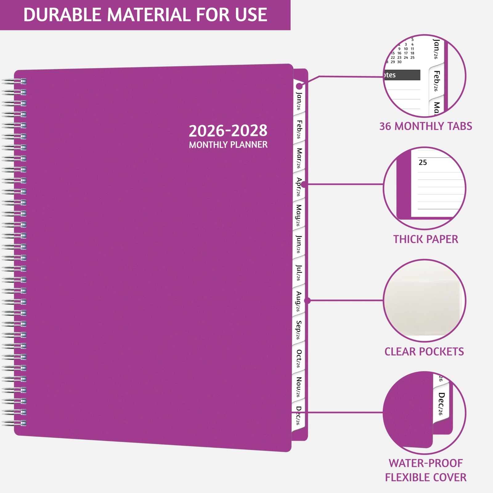 Monthly Planner 2026-2028, 36 Months Calendar Letter, Purple