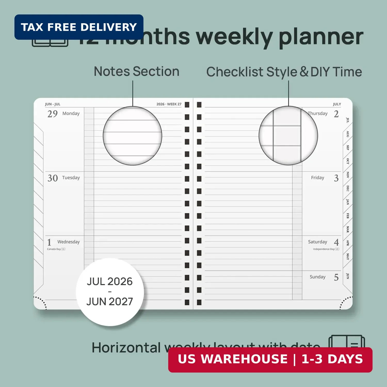 POPRUN 2026-2027 Academic Weekly Planner, 6.75″ x 8.75″ Horizontal Daily Book Ca