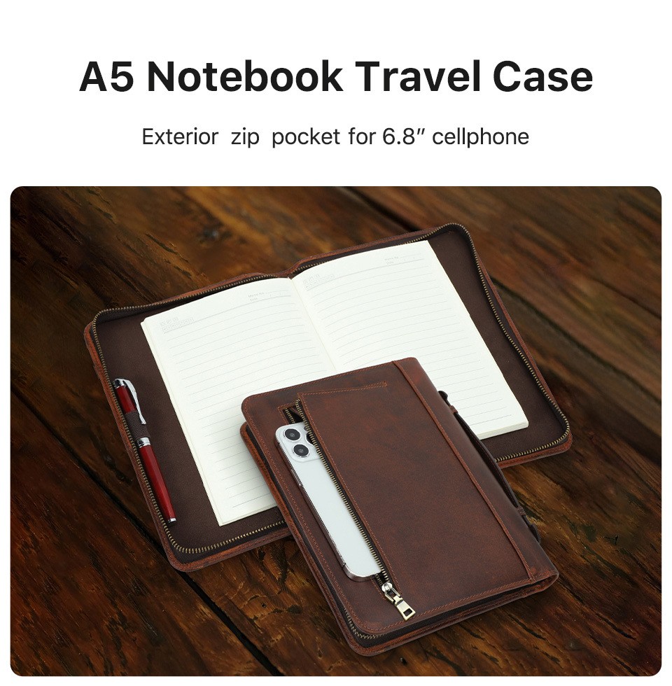 A5 Leather Journal Cover Zippered Portfolio Business Notebook Sleeve Pen Holder