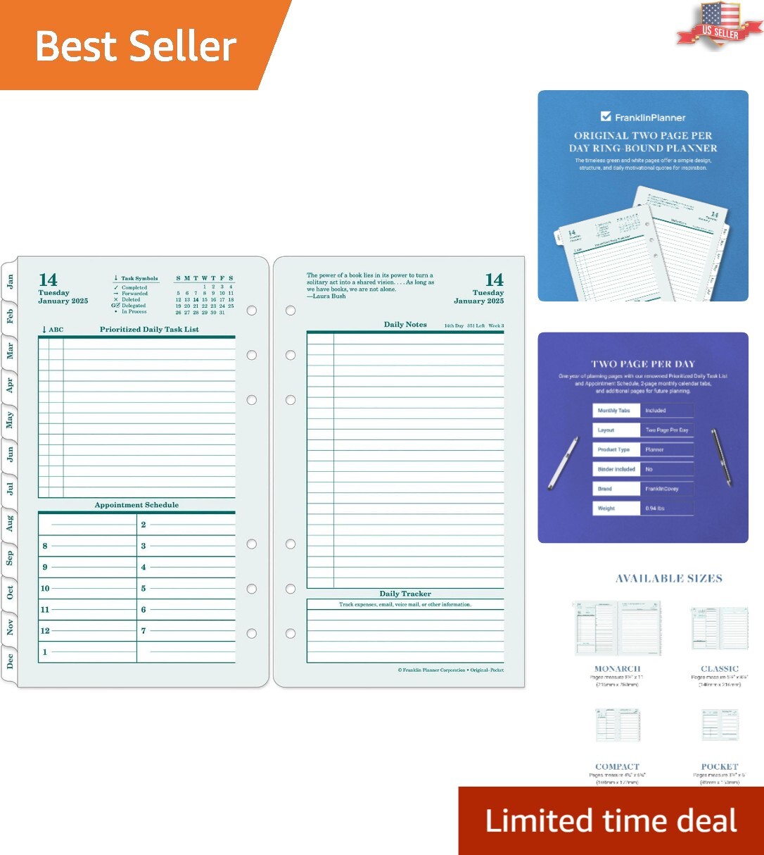 2025 Pocket Size Planner – Two Pages Per Day with Quotes for Daily Motivation