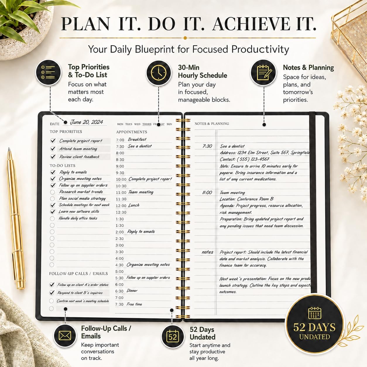 Daily Planner with Hourly Schedules – Undated To Do 5.5 x 8.5 inches, a.Black