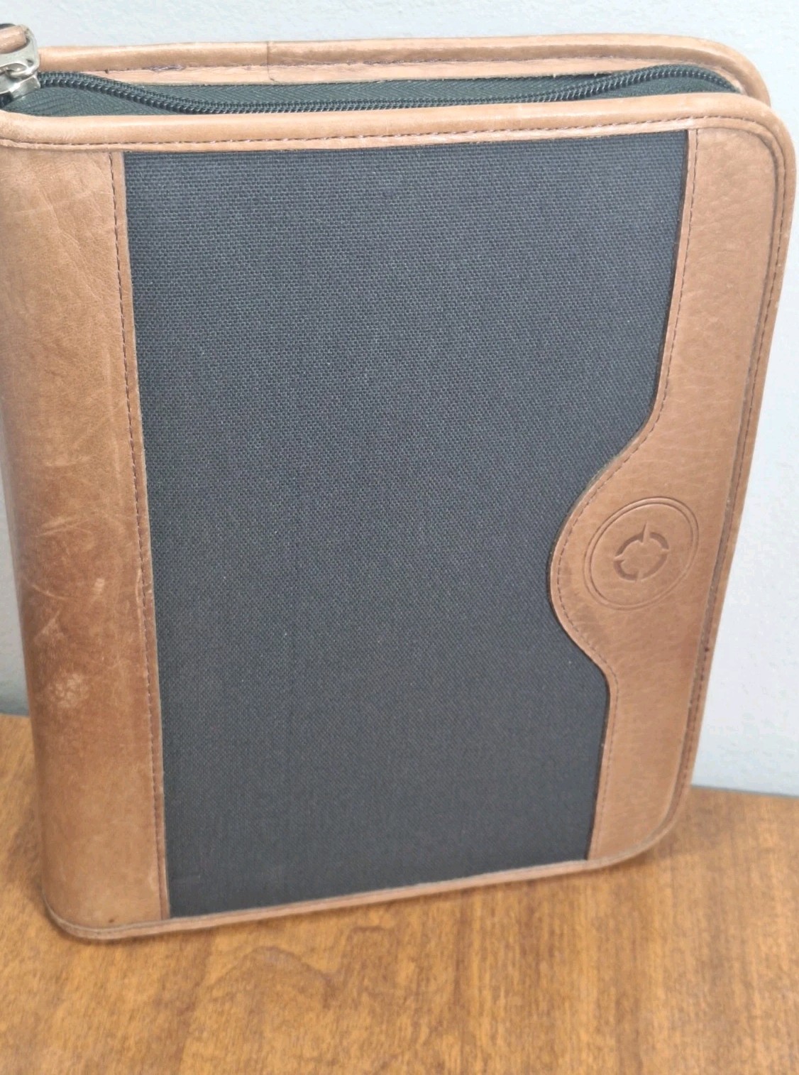 Vtg Franklin Covey Planner Dark Green Canvas Tan Leather Trim 8×10 Zip Closure