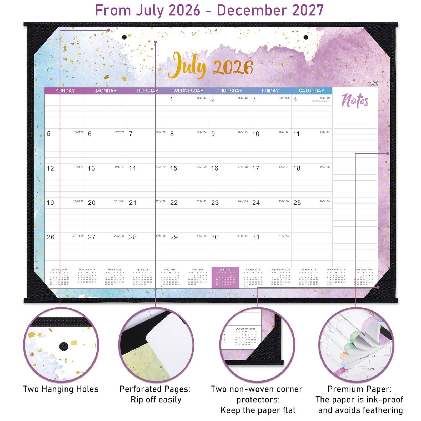 Desk Calendar 2026-2027 – 22″ x 17″, Multicolor Waterink