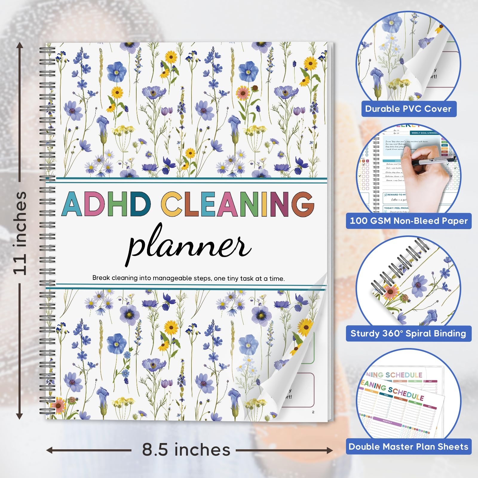 ADHD Cleaning Planner, Floral Schedule & Checklist for Multicolor