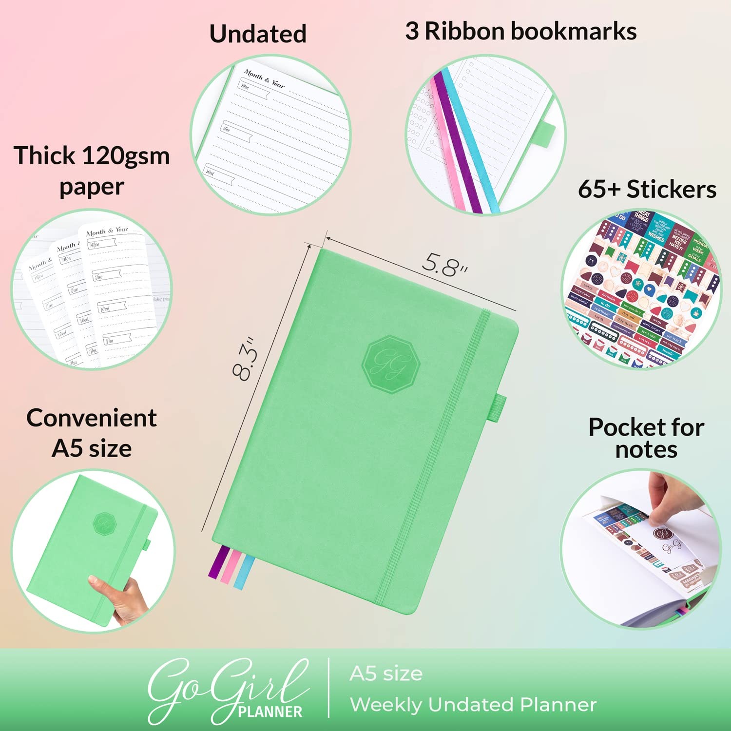 GoGirl Planner and Organizer for Women – A5 (5.8” x 8.3”), Mint Green