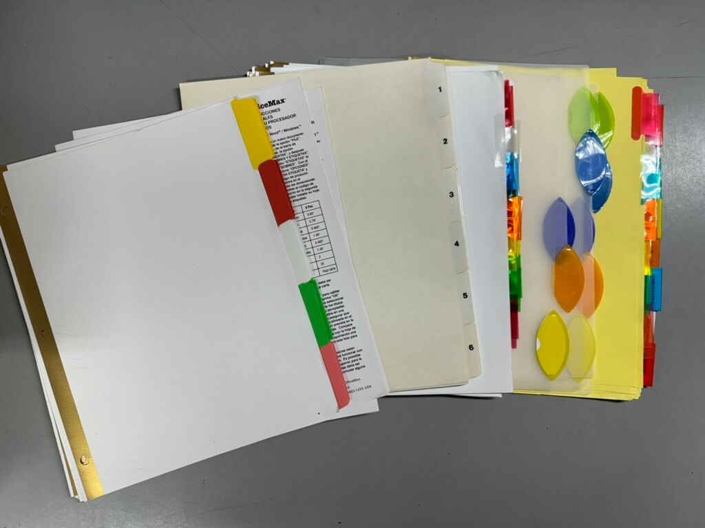 Large Set of 67 Tab Dividers – Various Colors and Styles – Paper + Plastic