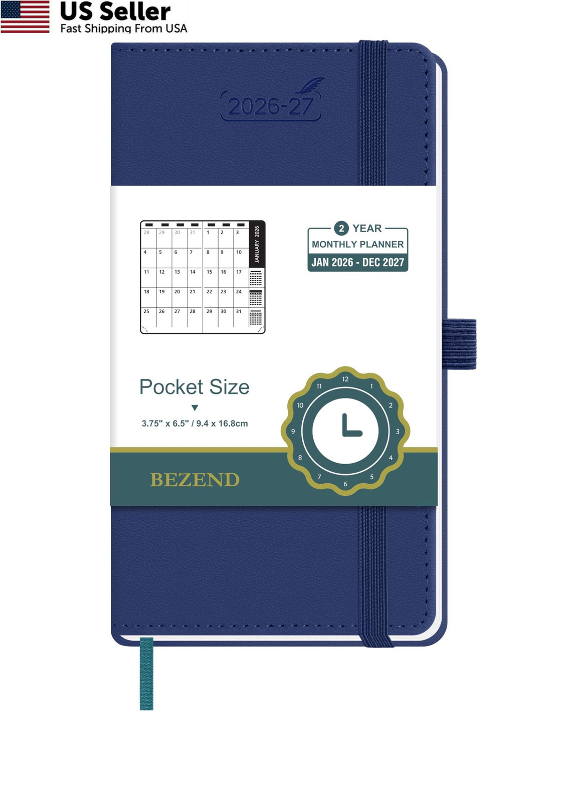 BEZEND Pocket Monthly Planner 2026-2027 (3.5″ x 3.5″ x 6.5″, Blueberry
