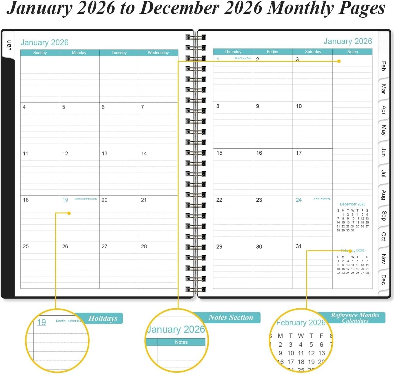 Sleek Black-E 2026 Planner: Compact Weekly & Monthly Organizer, 6.4″ x 8.5″