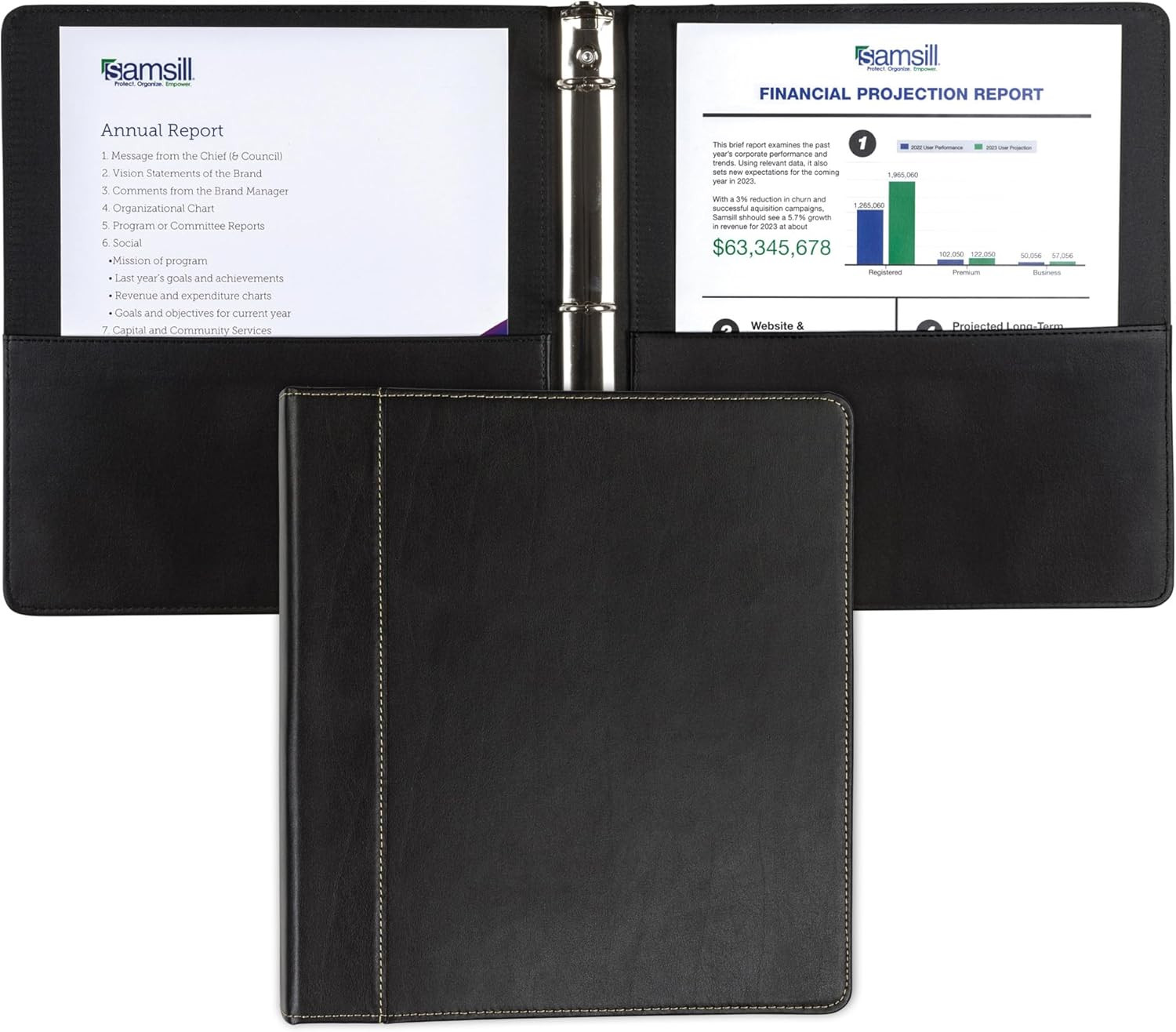 Samsill 1 Inch 3 Ring Binder, Leather, Black with Contrast Stitching, 8.5X 11 In