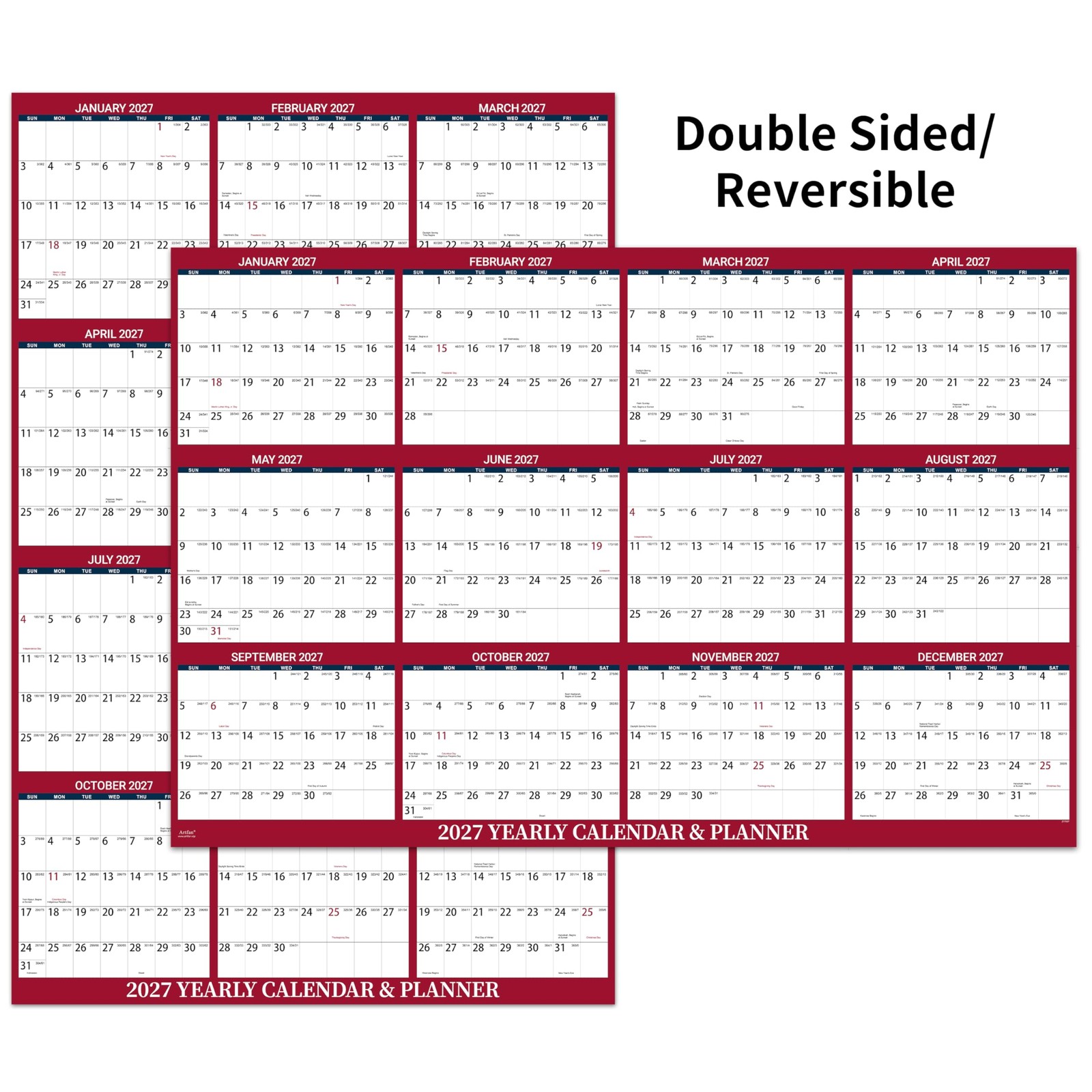 2027 Dry Erase Calendar for Wall – 2027, Jan. Red