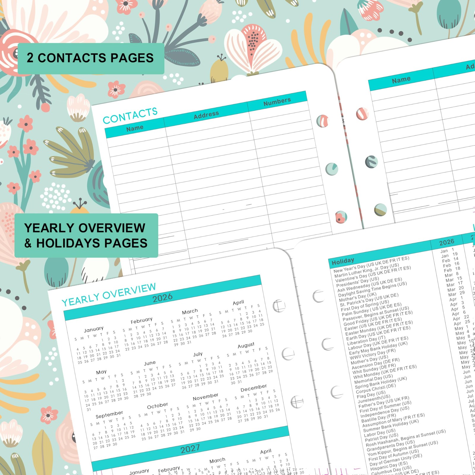 2026 Planner Refills – 7 Punched Holes 2026 Weekly Monthly A5, Green