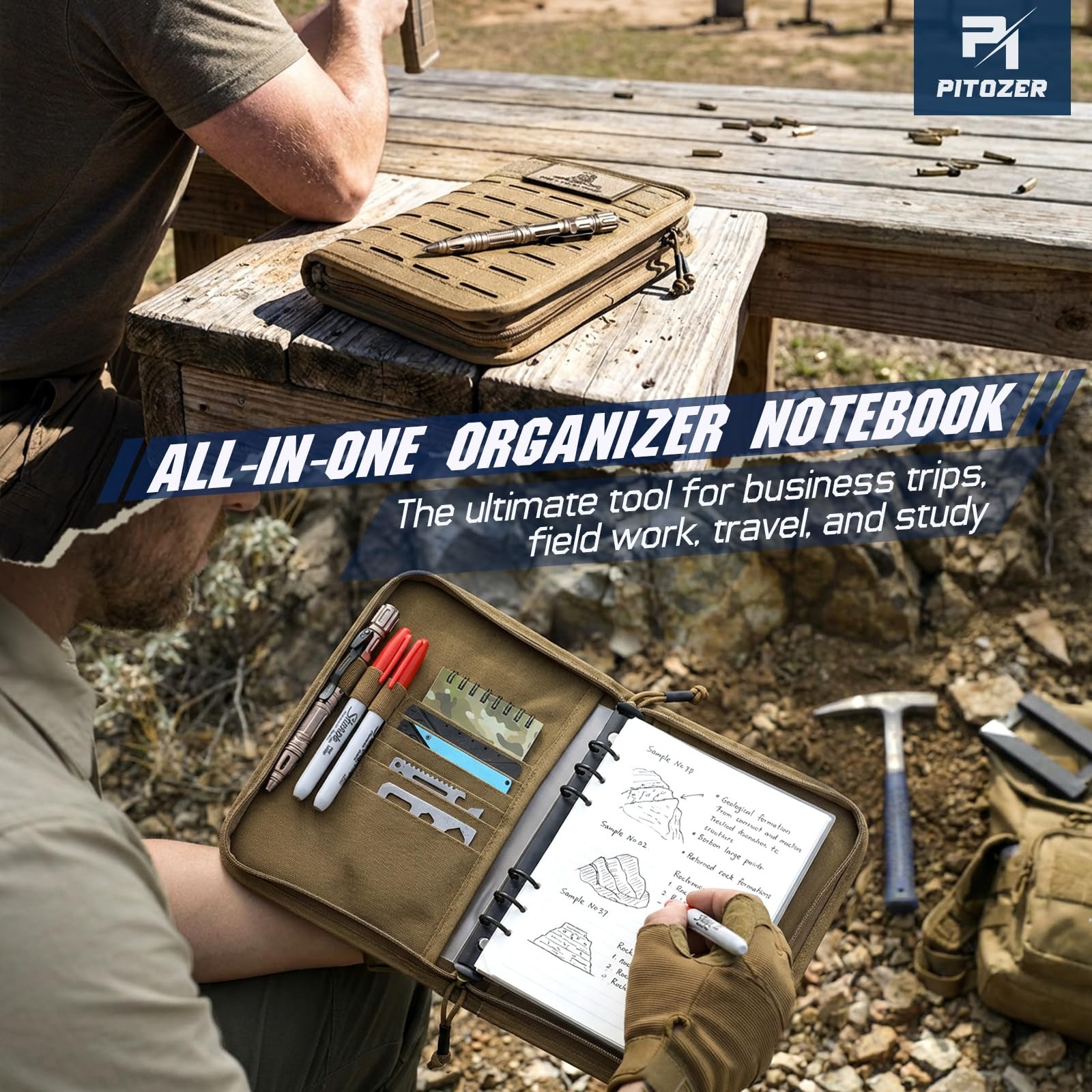 Pitozer All-in-One Tactical Notebook Padfolio A5+(7.3 x 10 Inches), Khaki