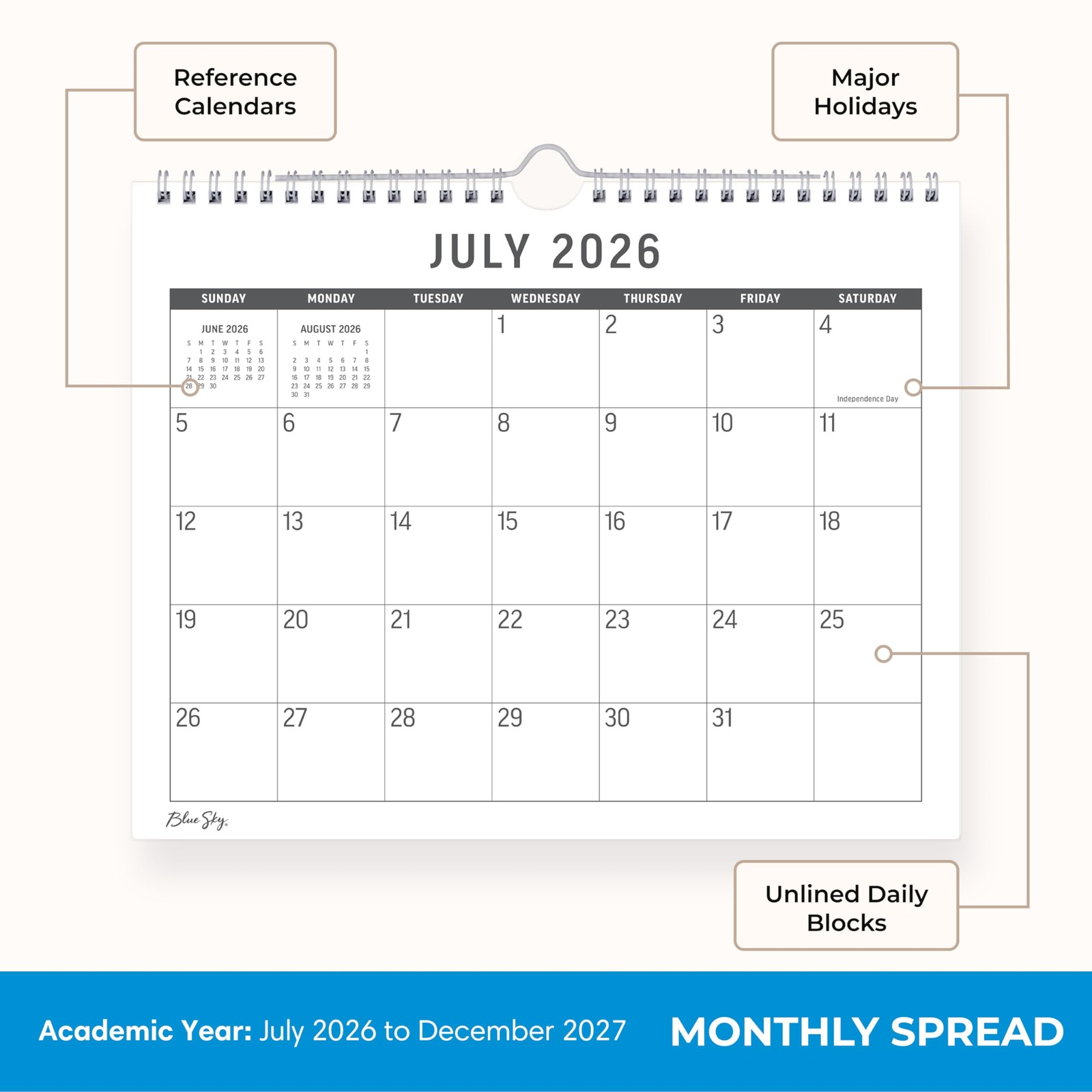 2026-2027 18 Month Large Print Monthly Academic Year Wall Calendar, July 2026