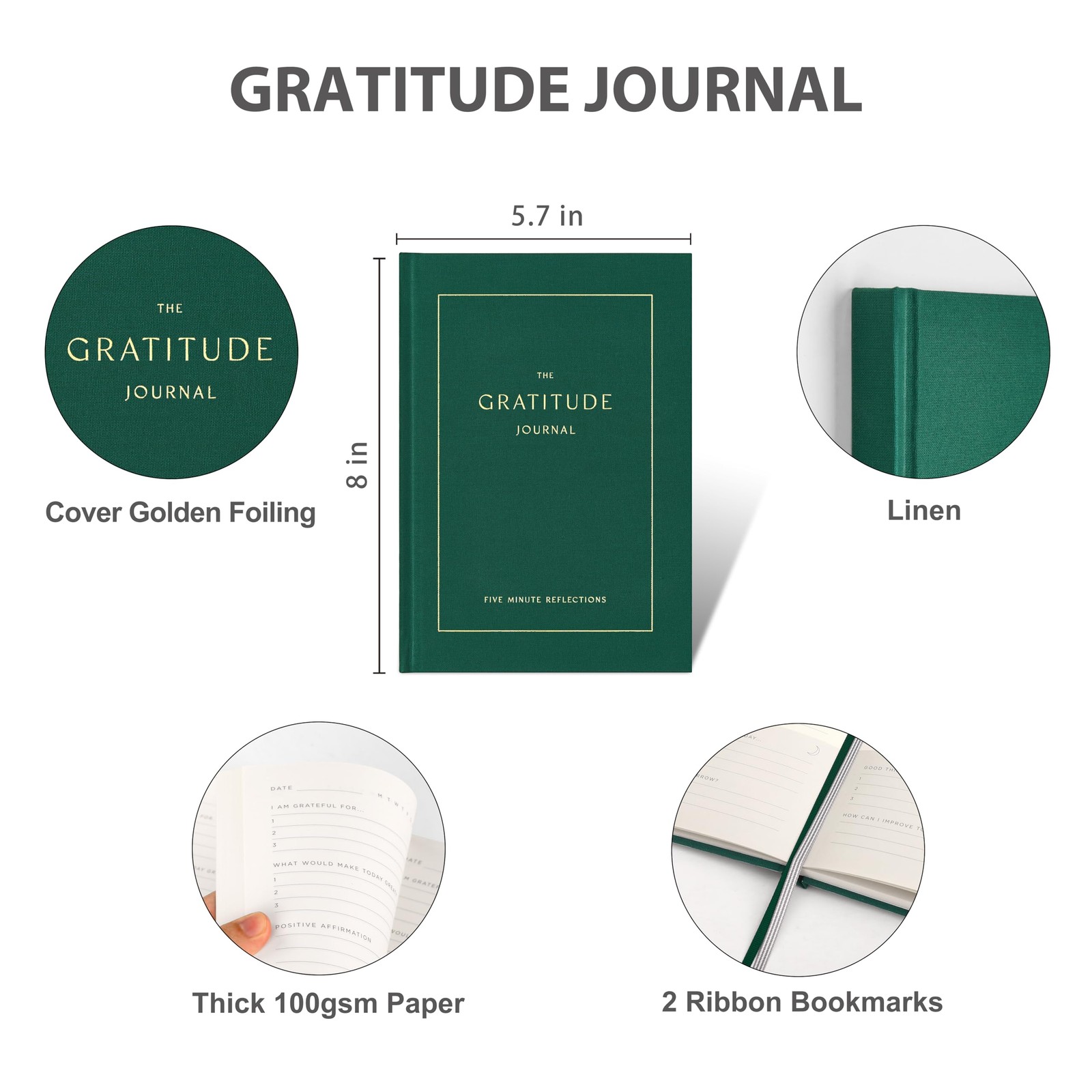 And Per Se Gratitude Journal – 5 Minute 5.7″ x 8″- Gratitude, g.Forest Green