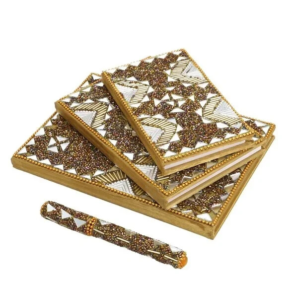 Set of 3 Brown Bedazzled Diary (7 x 5, 6 x 4, 3 x 5 in) and with Matching Pen