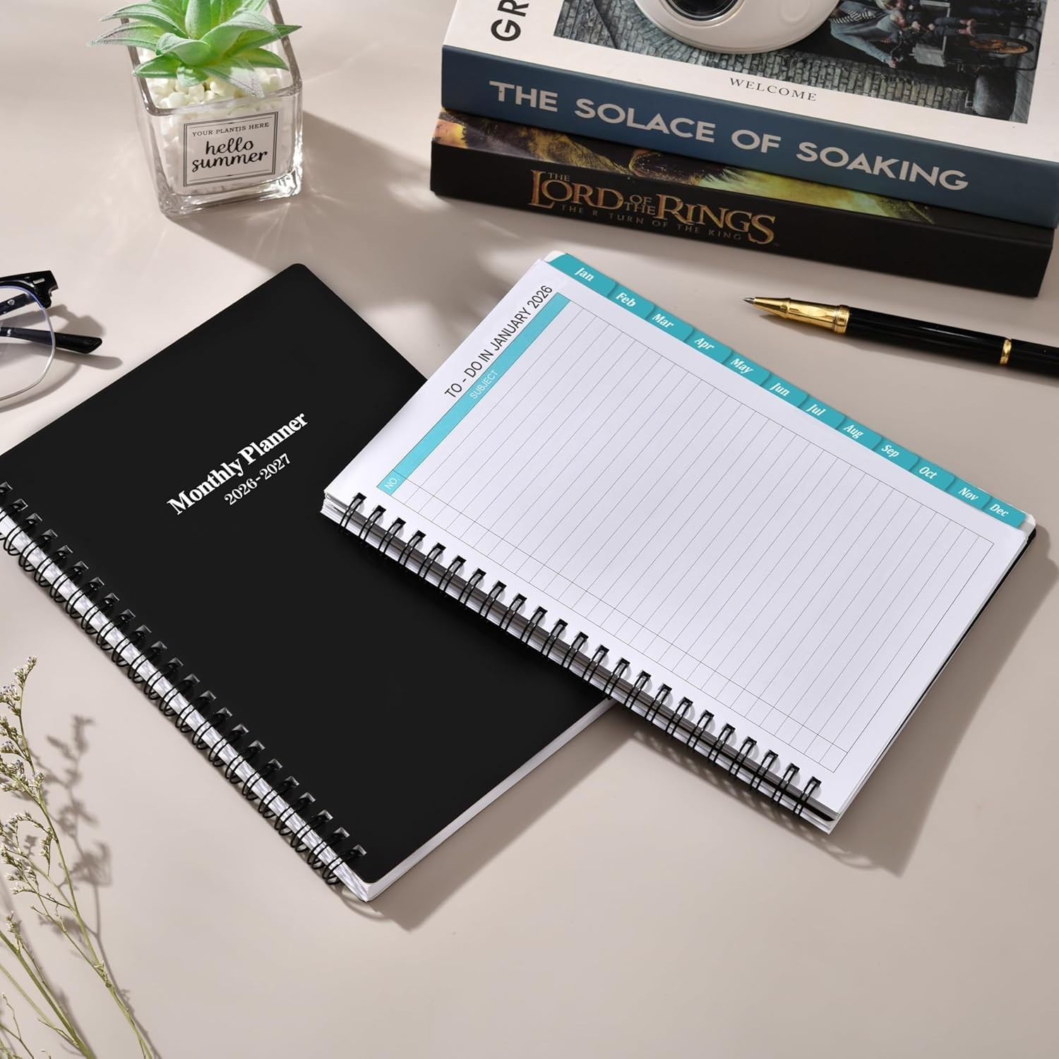Classic Black 2026-2027 Monthly Planner – 2 Agenda with Twin-Wire Binding