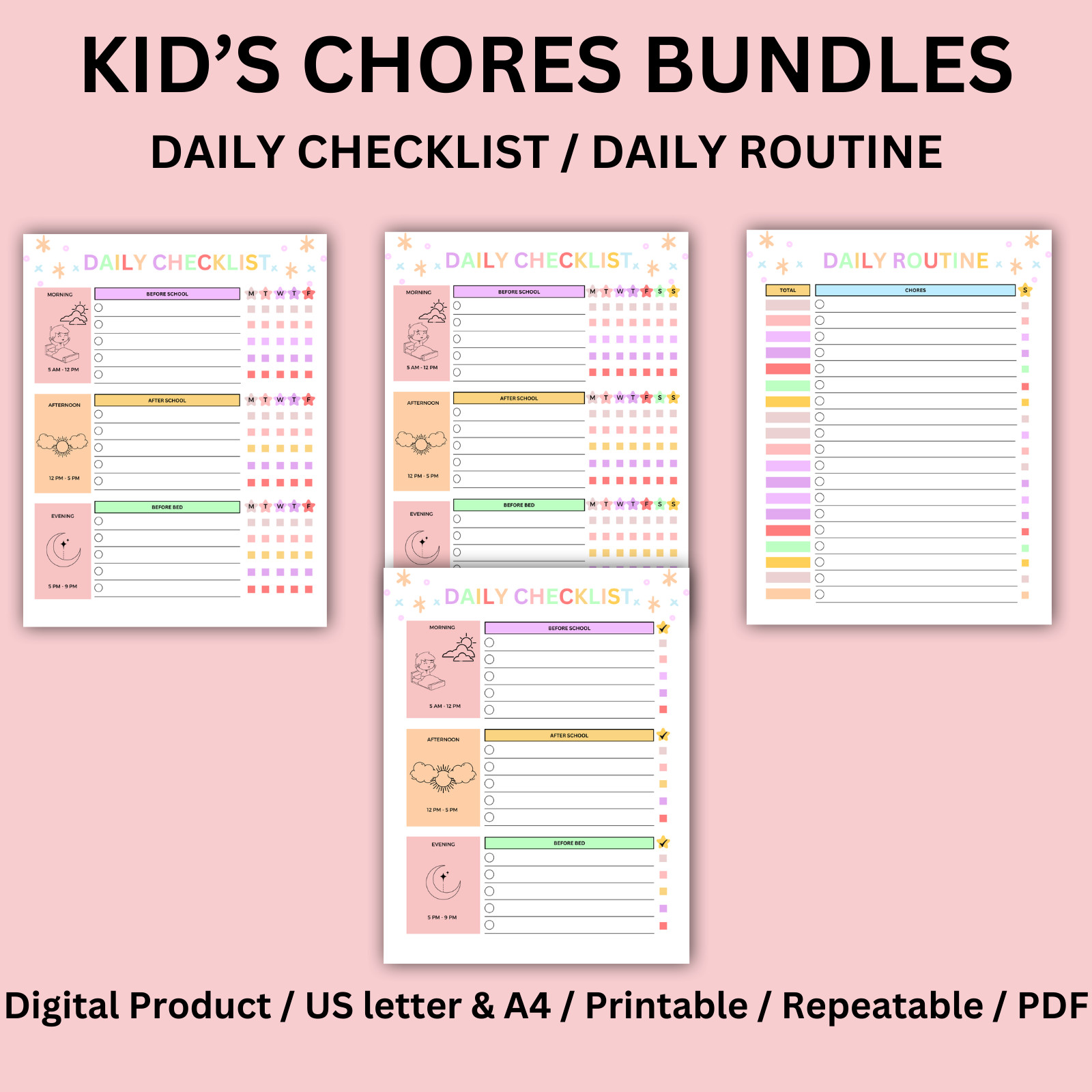 Digital | Daily Checklist, Daily Routine Editable Kids Chart Bundle PDF