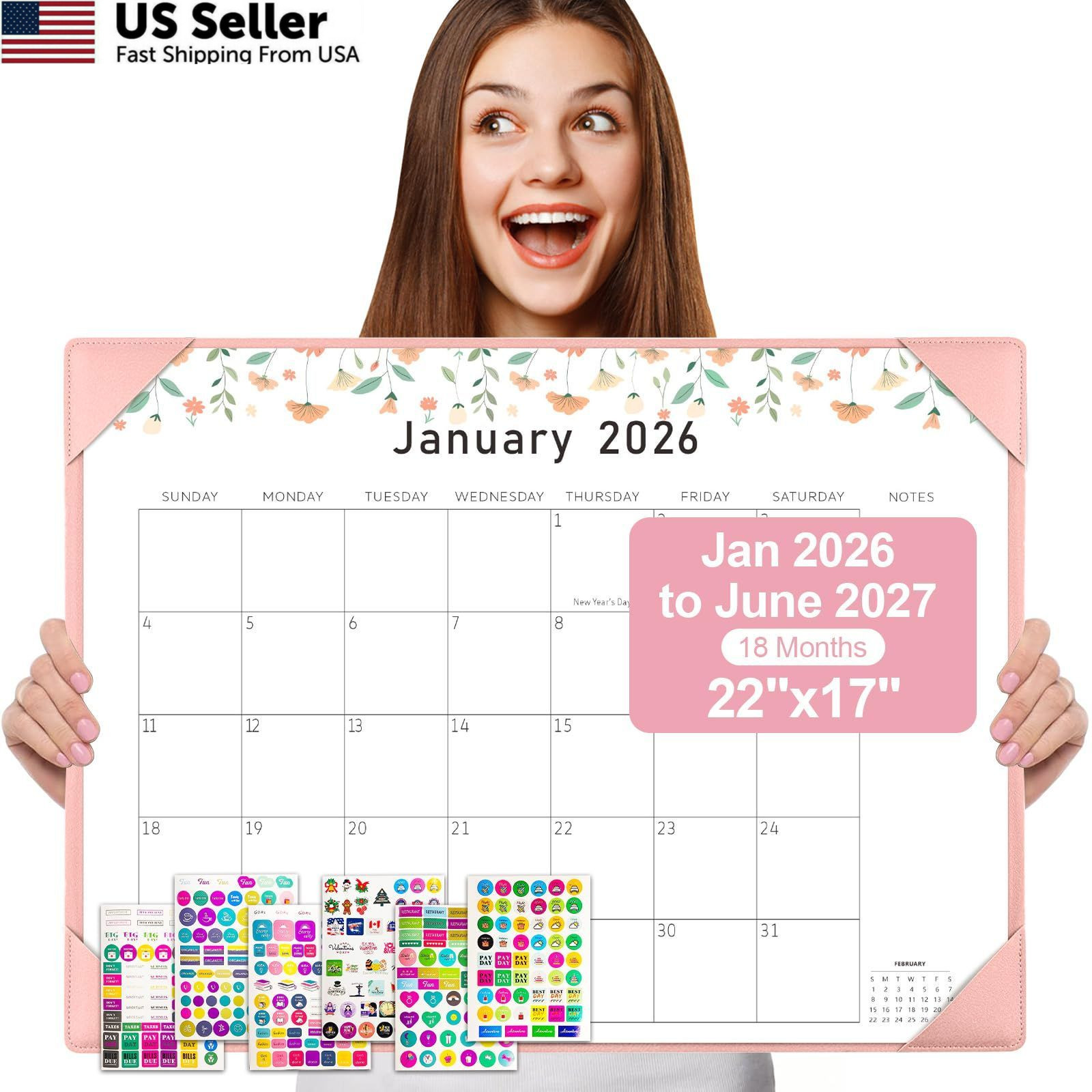 Gannyfer Desk Calendar 22″ x 17″, Pink – X 17″(Jan.2026- June.2027)