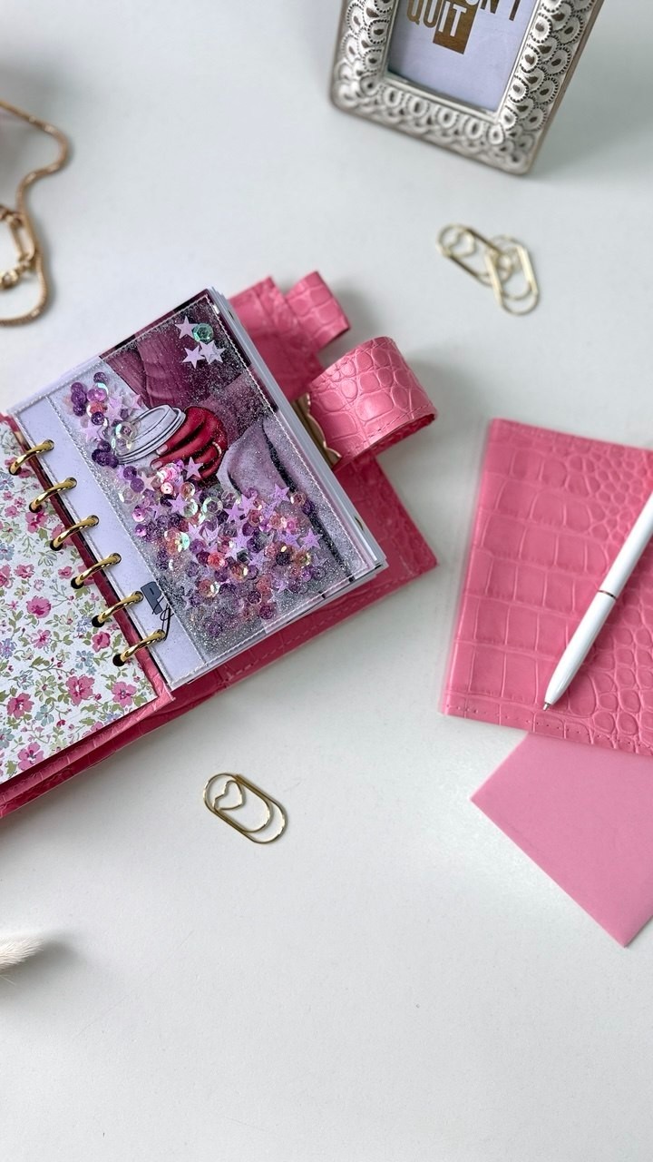 Owl Leather Mini Planner Set – Pocket Size A7 binder 6 rings– pink Croc Embossed