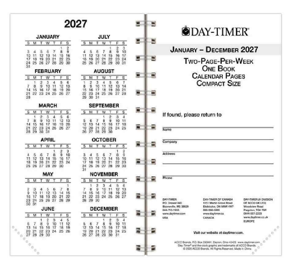 Day-Timer Jan–Dec 2027 Two Page Per Week Planner Refill, 3″x5″ Compact