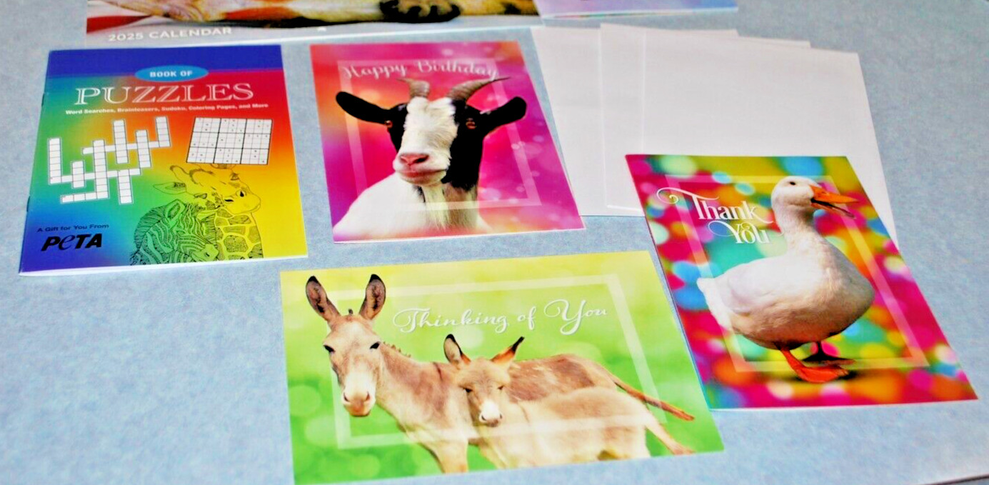2025 PETA 8 x 10 Wall Calendar/ Monthly Planner/ Puzzle Book/Greeting Cards Lot