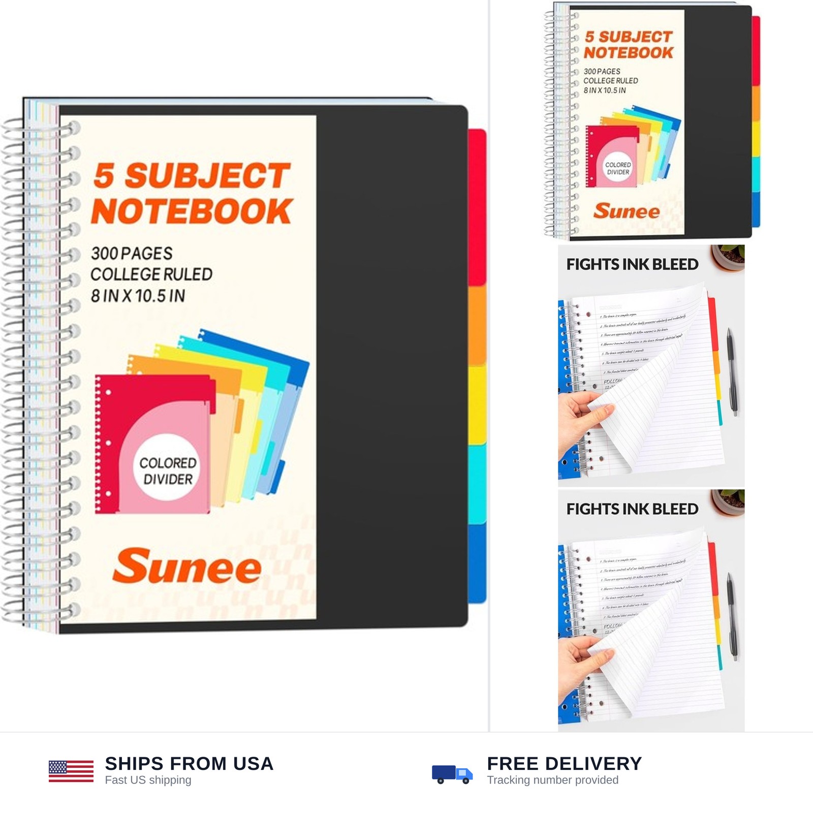 SUNEE Spiral Notebooks for Work with Removable Dividers & Tabs – College Rule…