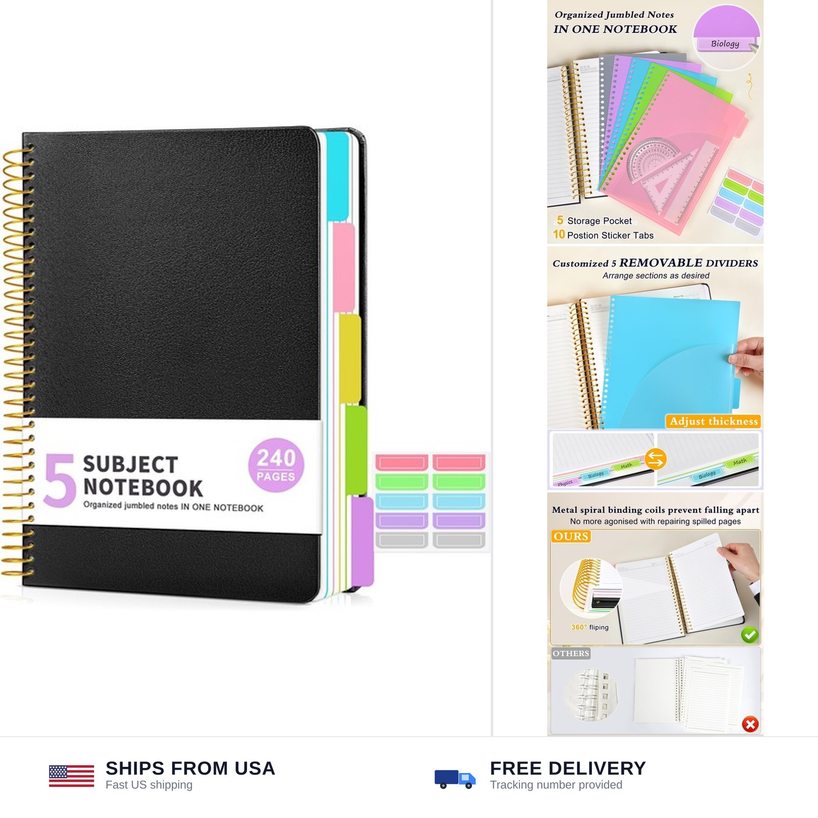 5 Subject Notebook College Ruled with Removable Pocket Dividers Tabs, 240 Pag…