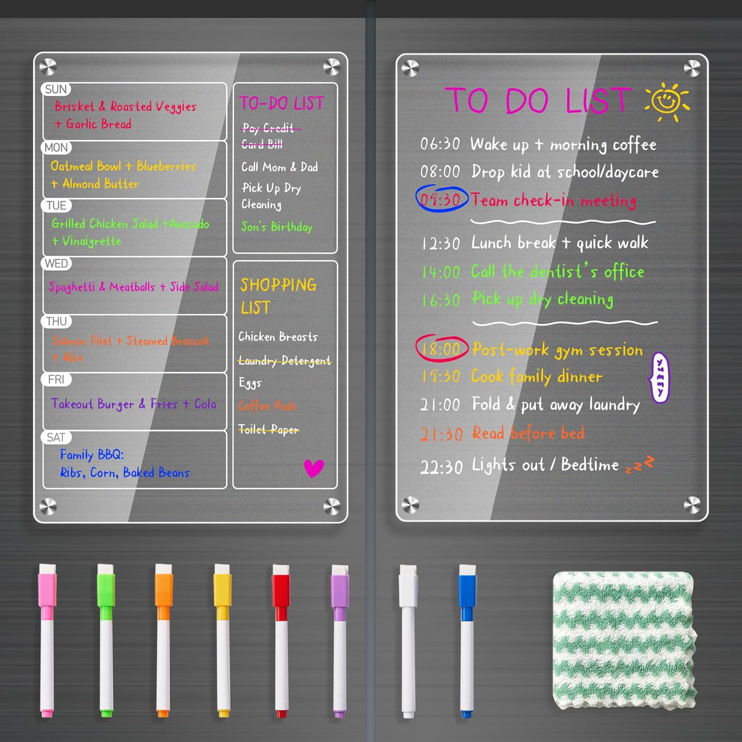 2 Pack Magnetic Acrylic Weekly Meal Planner Fridge Menu Board 8 Markers Set