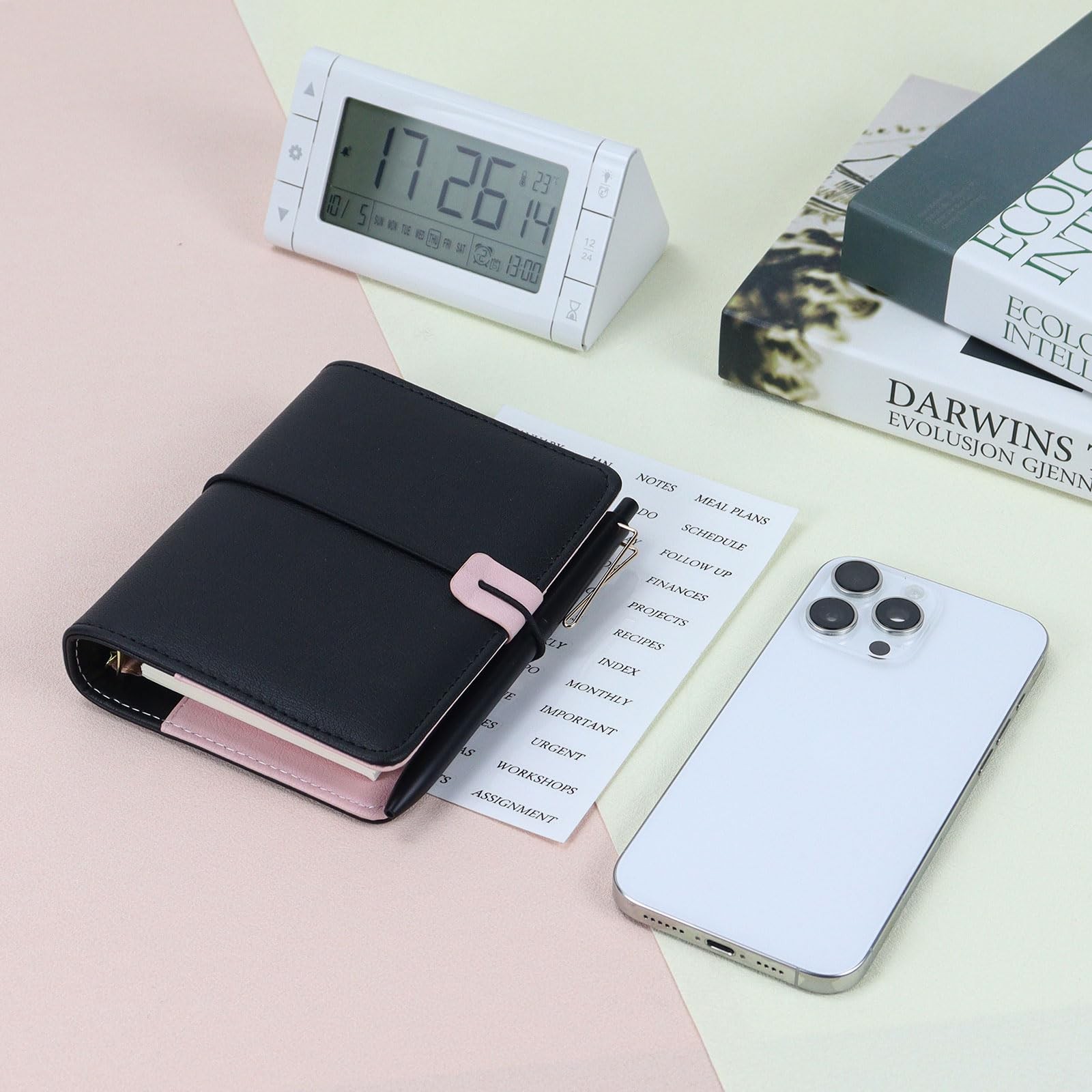 Koqye A7 Refillable Planner Small Binder Notebook 6 Ring, A7, Black & Pink