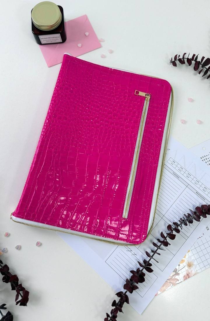 Italian Leather A4 Portfolio. Pink A4 planner Zippered Binder.