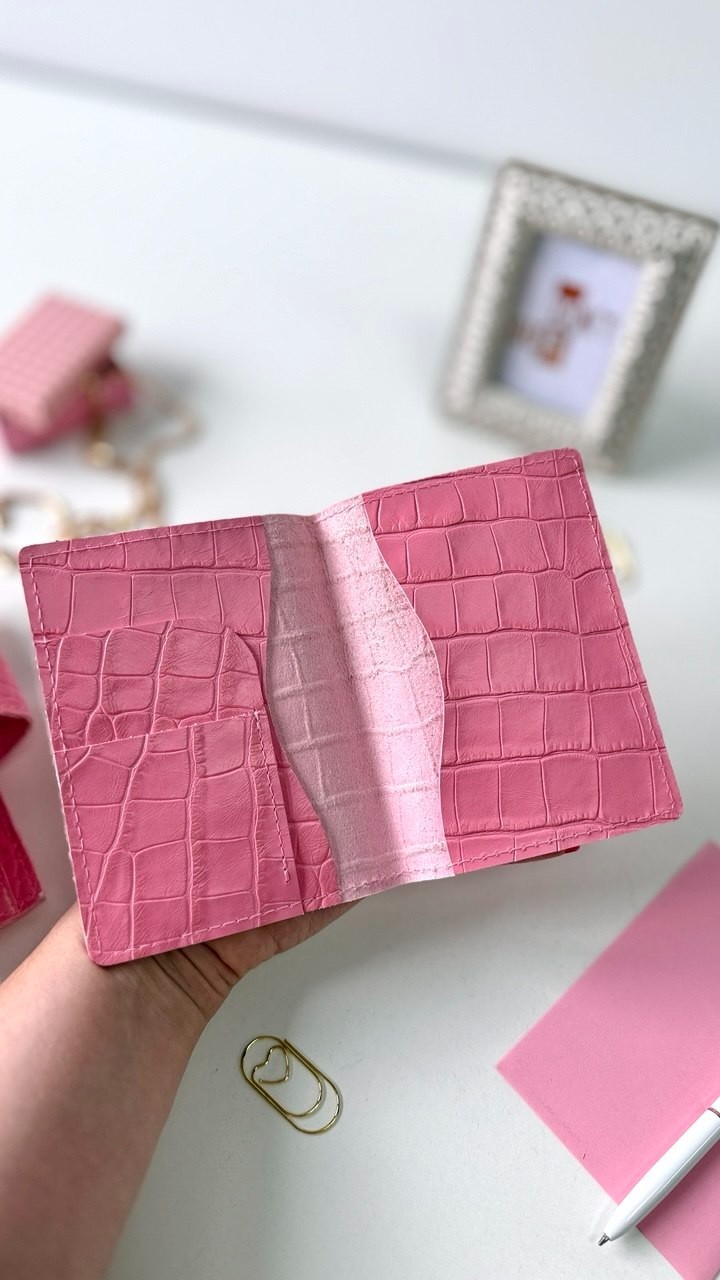 Owl Leather Mini Planner Set – Pocket Size A7 binder 6 rings– pink Croc Embossed