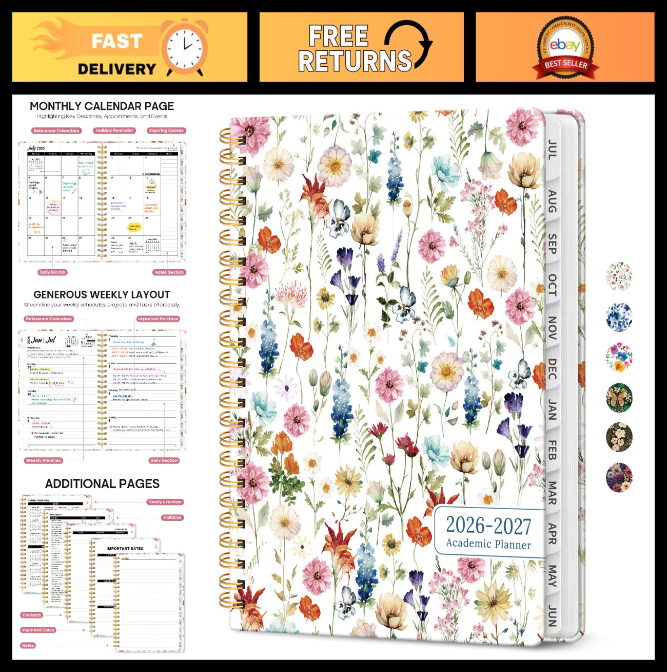 Academic Year Planner 2026-2027, Monthly Weekly Calendar, Hardcover Agenda with